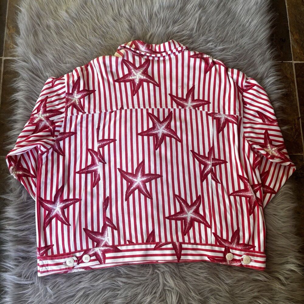 Vintage Outlander Plus Size 1x Women Button Up Top Jacket Red White Starfish - Picture 6 of 10